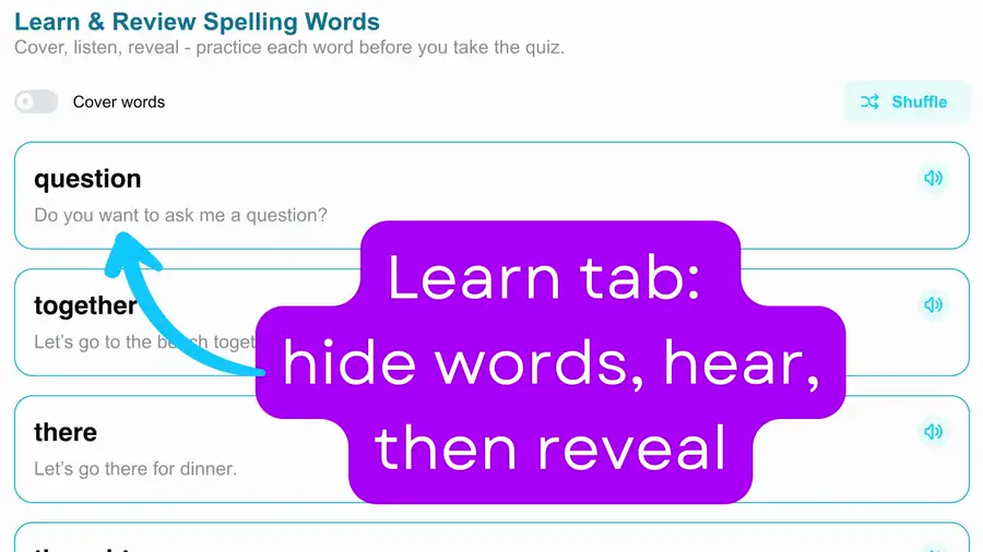 Practice words before quizzing