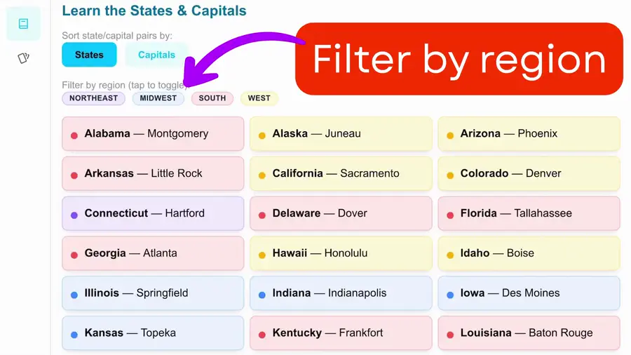 Region filter with color-coded lists