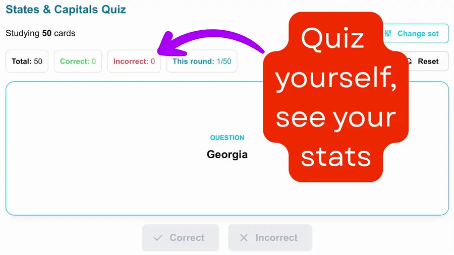 Flashcard flip with right/wrong buttons